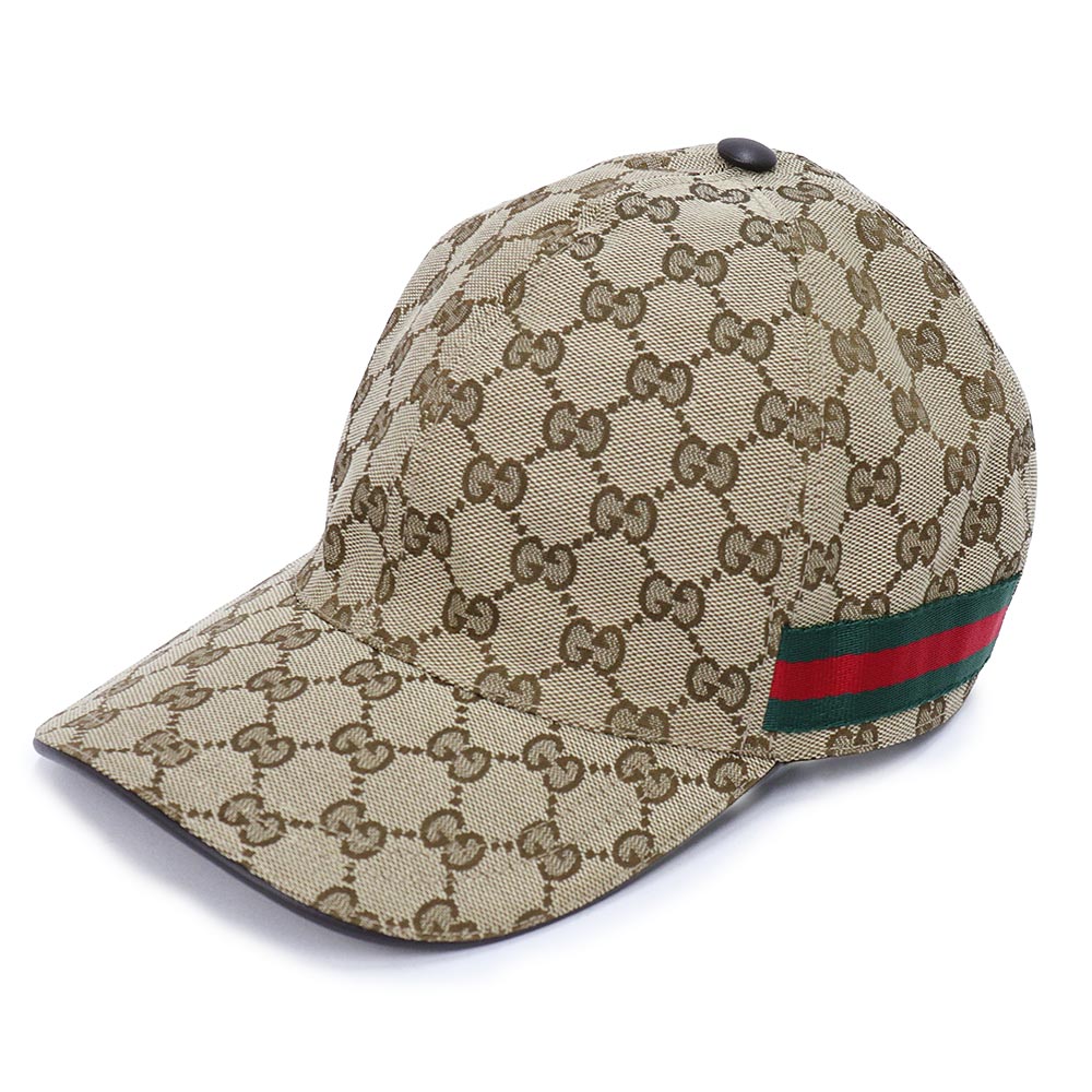 【未当て嵌める蔵置き品】GUCCI グッチ 200035 野球 旗がしら かぶり笠 かぶり笠 XL大きさ 60コマーシャル GG帆布 なめし革 ベージュ 赤銅色 緑であること 赤いこと 旗がしら ゴールド金具
