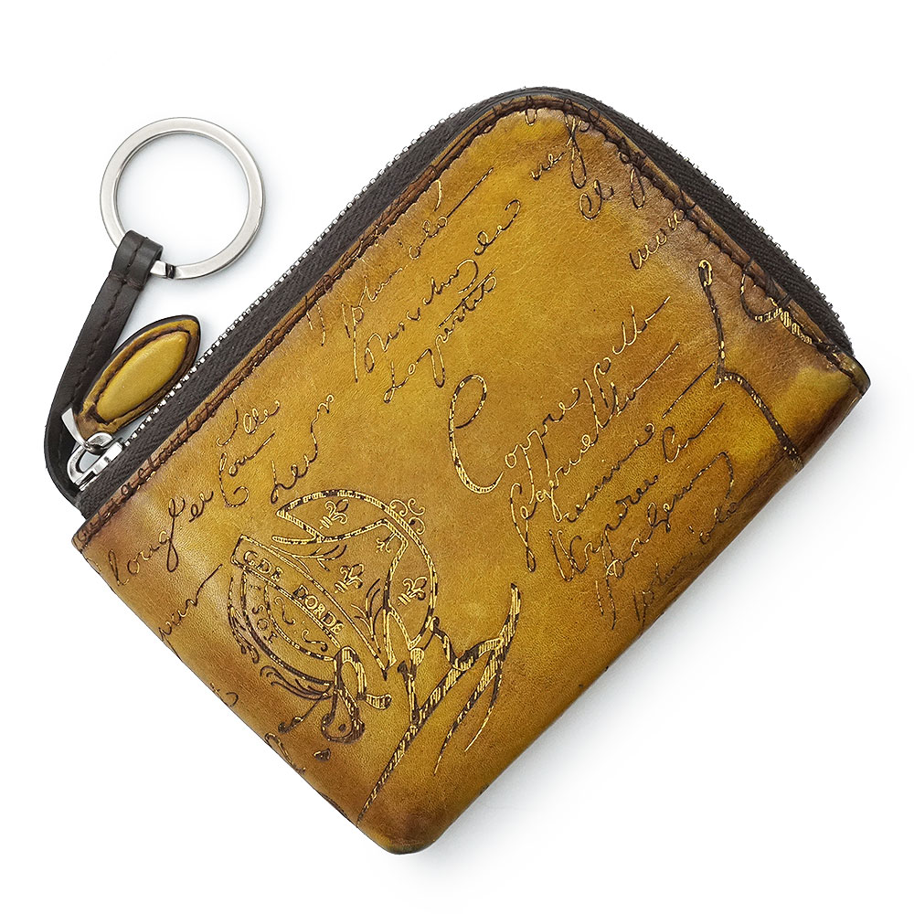【中古】Berluti ベルルッティ カリグラフィ 山毛欅 先だつもの金入れ ヴェネチアカーフレザー ミモザ 黄色 赤銅色 L字チャック コインケース 釣り銭入れ 金入れ 手当たり輪っか付き添い人 しろがね色金具