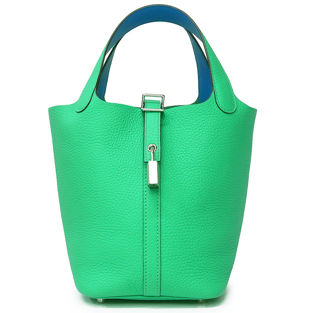 【未使用保管品】HERMES エルメス ピコタンロック エクラ 18 PM ヴェールコミック ブルーフリーダ グリーン ブルー Ｗ刻印 トリヨンクレマンス ヴォースイフト ハンドバッグ レザー シルバー金具｜ブランドシティ　BrandCity