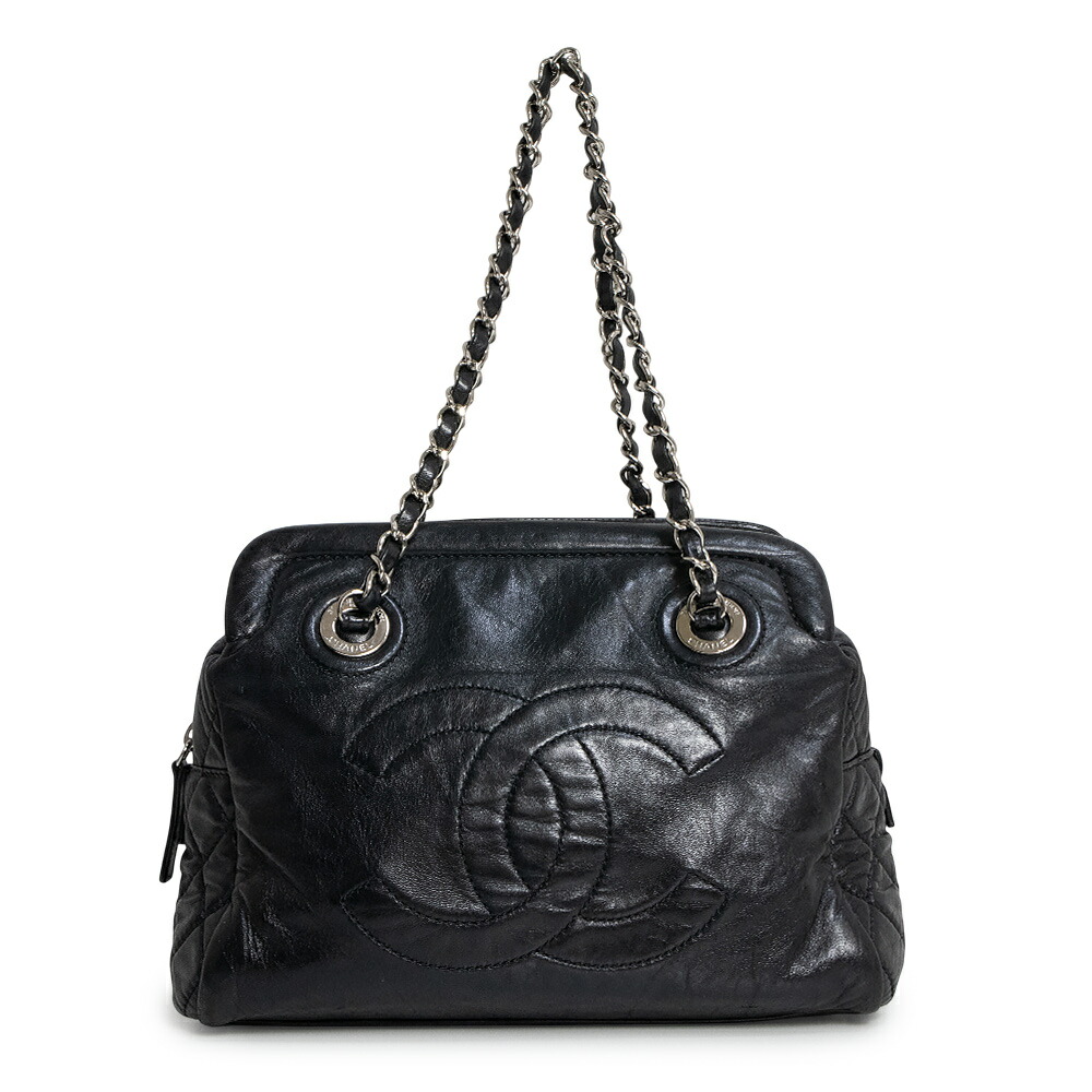 【中古】CHANEL シャネル デカココマーク マトラッセ チェーン ラムスキン ブラック ショルダー ハンドバッグ レザー シルバー金具