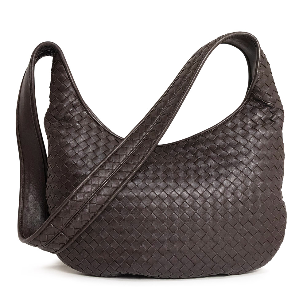 【美品】BOTTEGA VENETA ボッテガヴェネタ 826877 ヴェネト イントレチャート ラムスキン フォンデンテ ブラウン ワンショルダーバッグ 斜め掛け レザー シルバー金具