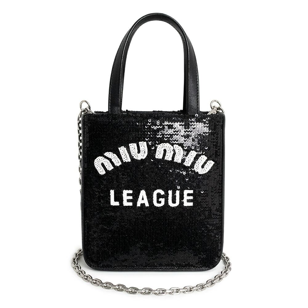 【未使用　展示品】miu miu ミュウミュウ 5BA220 スパンコール ミニ チェーン トート 2Way ショルダー ハンドバッグ 斜め掛け レザー ネロ ブラック シルバー金具