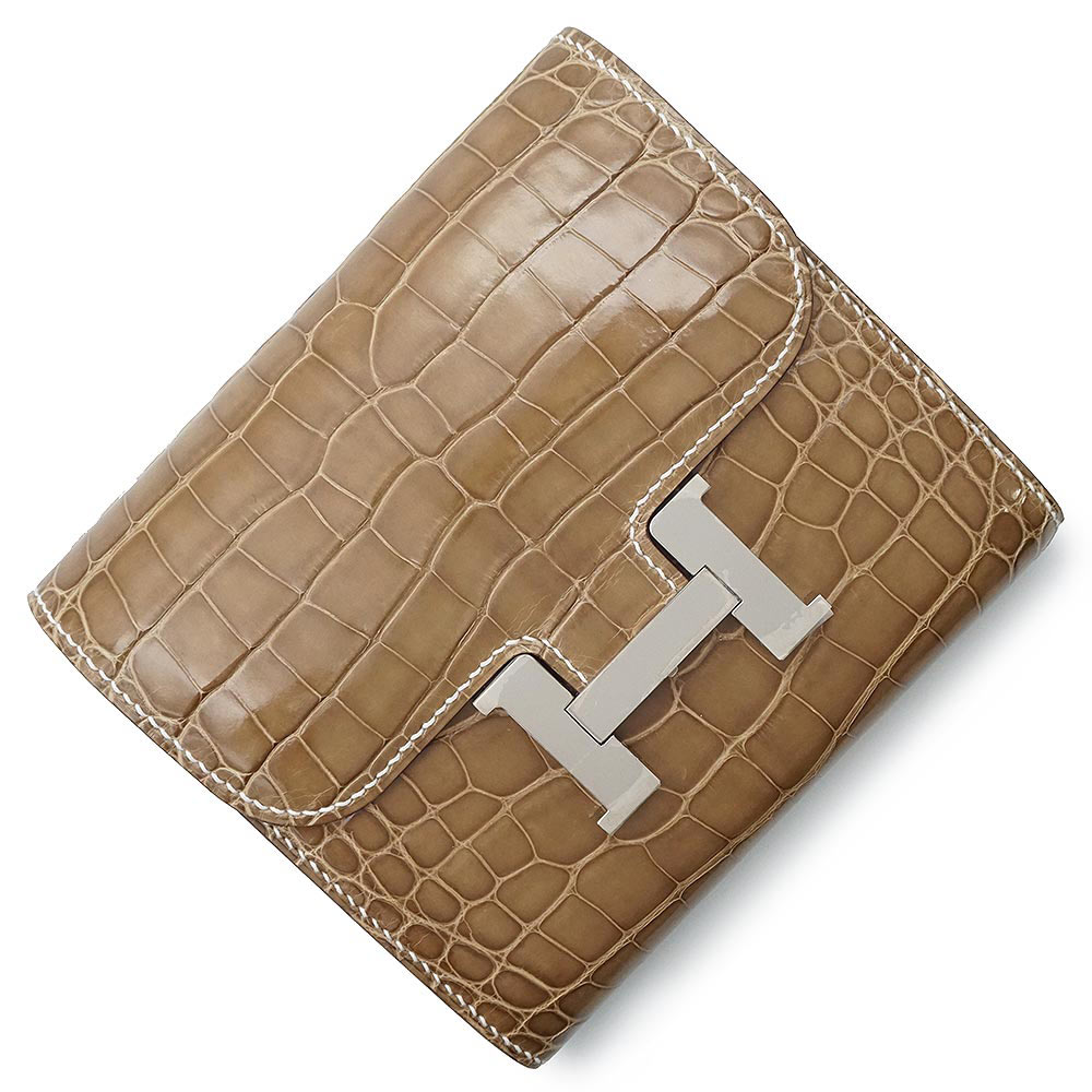 【未使用　展示品】HERMES エルメス コンスタンス コンパクト アリゲーター クロコダイル フィセル ブラウン A刻印 二つ折り財布 エキゾチックレザー シルバー金具｜ブランドシティ　BrandCity