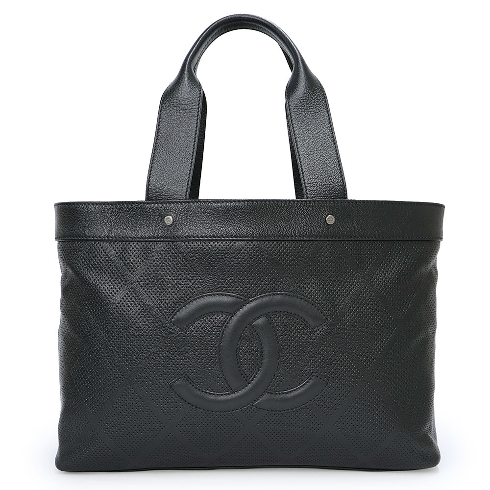 【美品】CHANEL シャネル A33936 ココマーク パンチング トート デカココ カーフスキン ブラック トートバッグ レザー アンティークシルバー金具