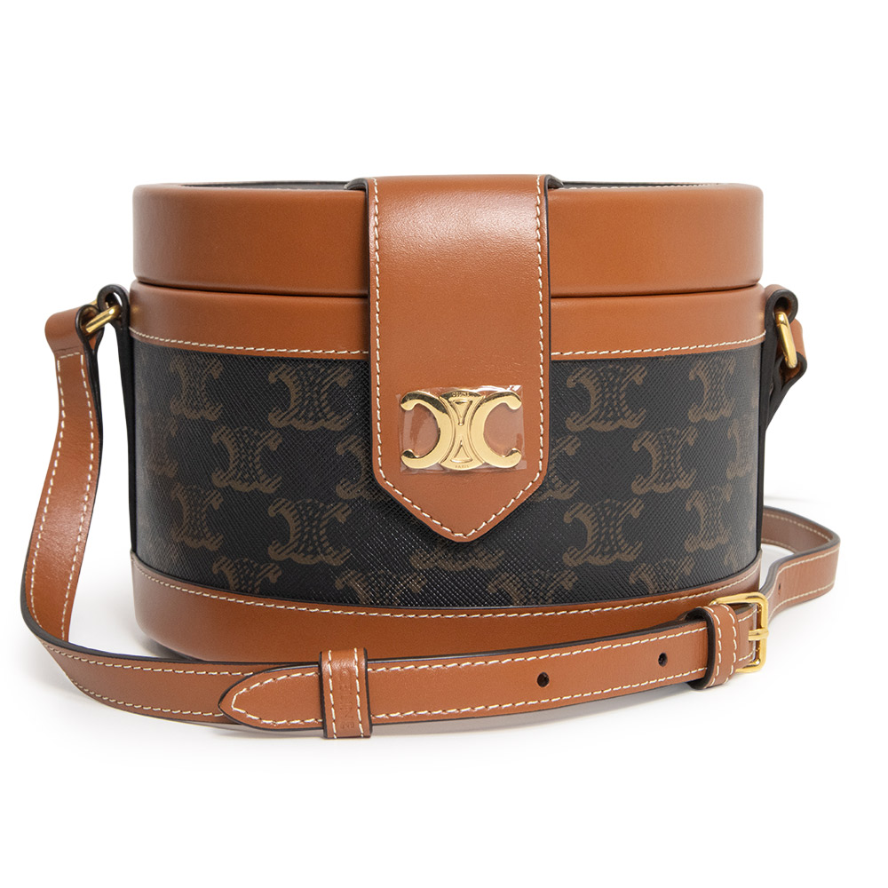 【未当て嵌める 見せびらかす品】CELINE セリーヌ 195192 タンブール 並み並み トリオンフキャンバス カーフスキン 赤銅色 ショルダーバッグ 曲がった掛け なめし革 ゴールド金具