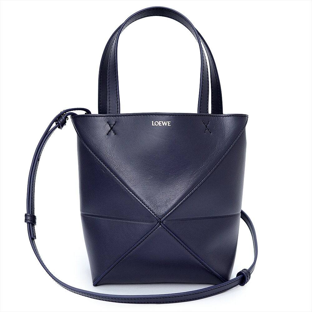 【未使用　展示品】LOEWE ロエベ A657V25X01 パズルフォルド トート ミニ シャイニーカーフスキン アビスブルー ネイビー 2Way ショルダー ハンドバッグ 斜め掛け ゴールド金具