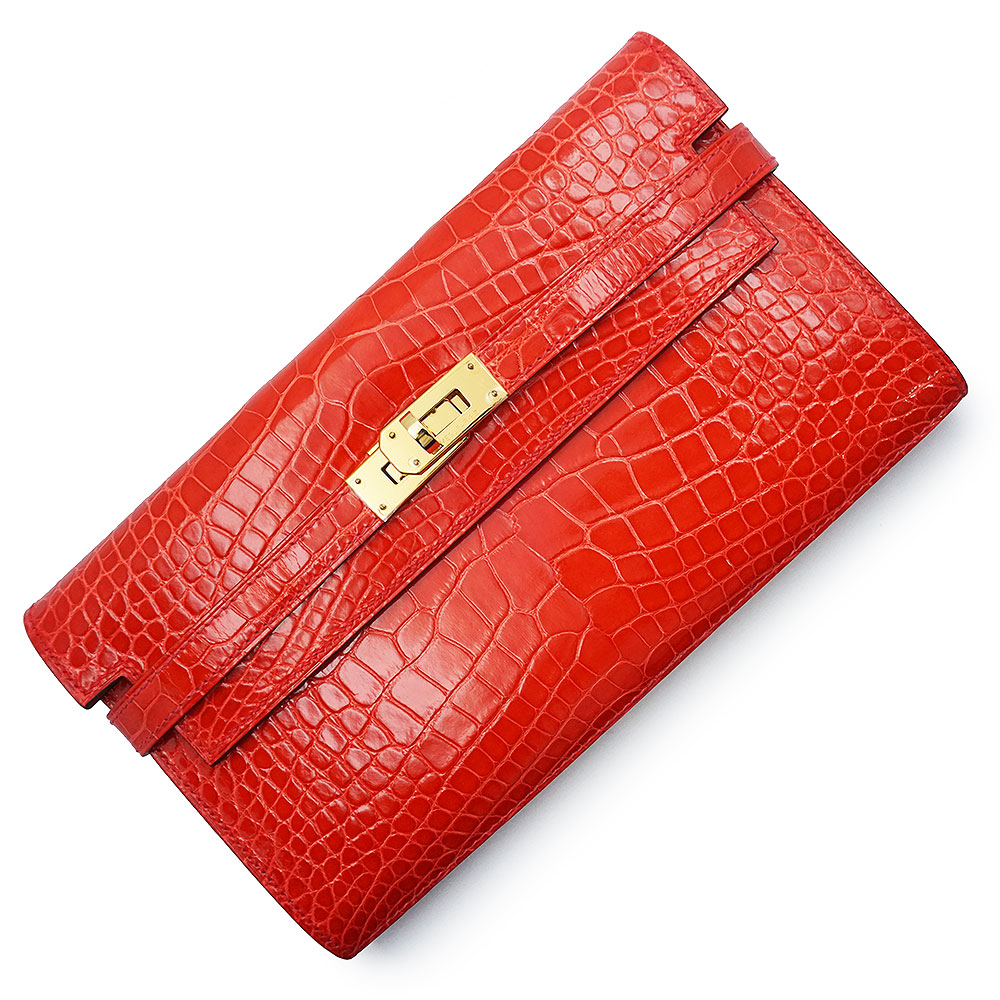 【未使用　展示品】HERMES エルメス ケリーウォレット ロング アリゲーター クロコダイル ゼラニウム レッド □Q刻印 二つ折り長財布 エキゾチックレザー ゴールド金具