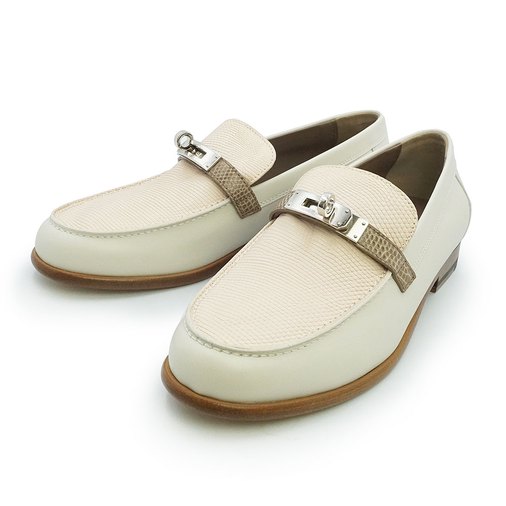 【未使用保管品】HERMES エルメス モカシン デスタン ヴォーリス リザード マルチカラーベージュグレーズ ベージュ ピンク ローファー シューズ 靴 #37 24cm エキゾチックレザー シルバー金具