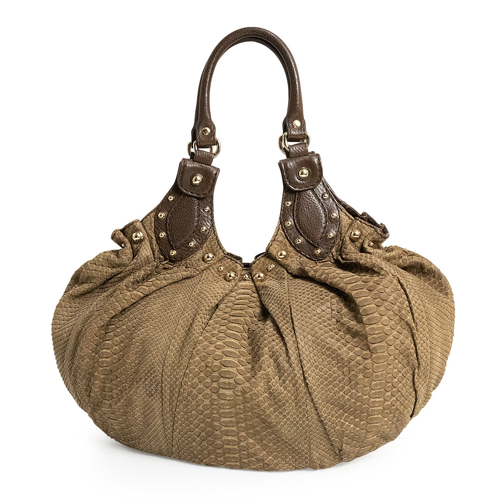 【中古】GUCCI グッチ 203624 ホーボー スタッズ パイソン ブラウン ハンドバッグ エキゾチックレザー ゴールド金具