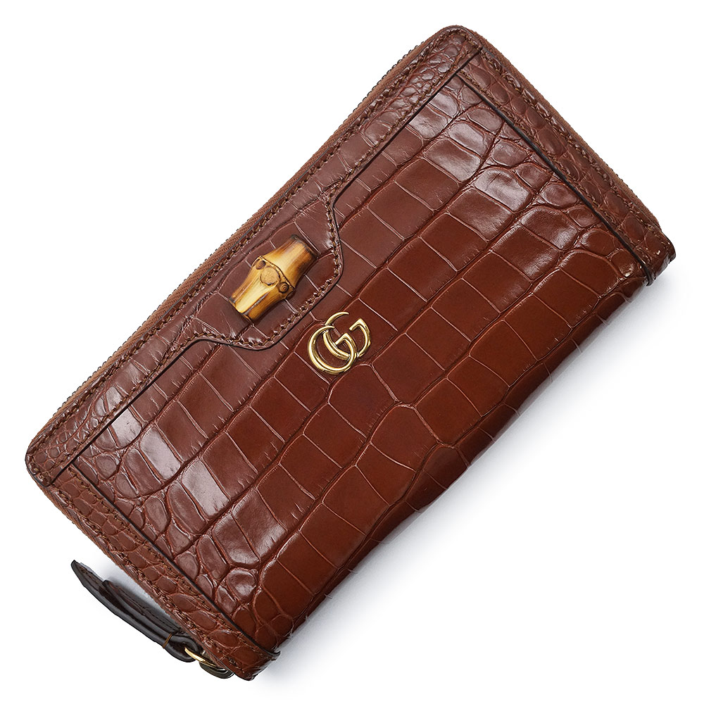 【新品・未当てはめる品】GUCCI グッチ 658634 バンブー付き添い人 ジップアラウンド ウォレット クロコダイル 赤銅色 ラウンドチャック 長銭入れ エキゾチックレザー アンティークゴールド金具 箱付