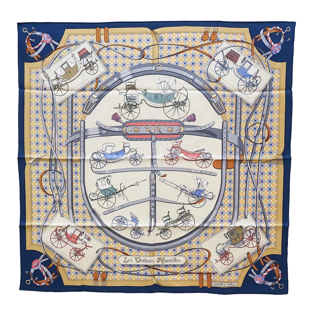 【新品・未使用品】HERMES エルメス カレ 70 Les Voitures Nouvelles 馬車の変遷 シルク100％ マリン マリーヌ クリーム クレーム マルチカラー ブルー スカーフ 箱付｜ブランドシティ　BrandCity