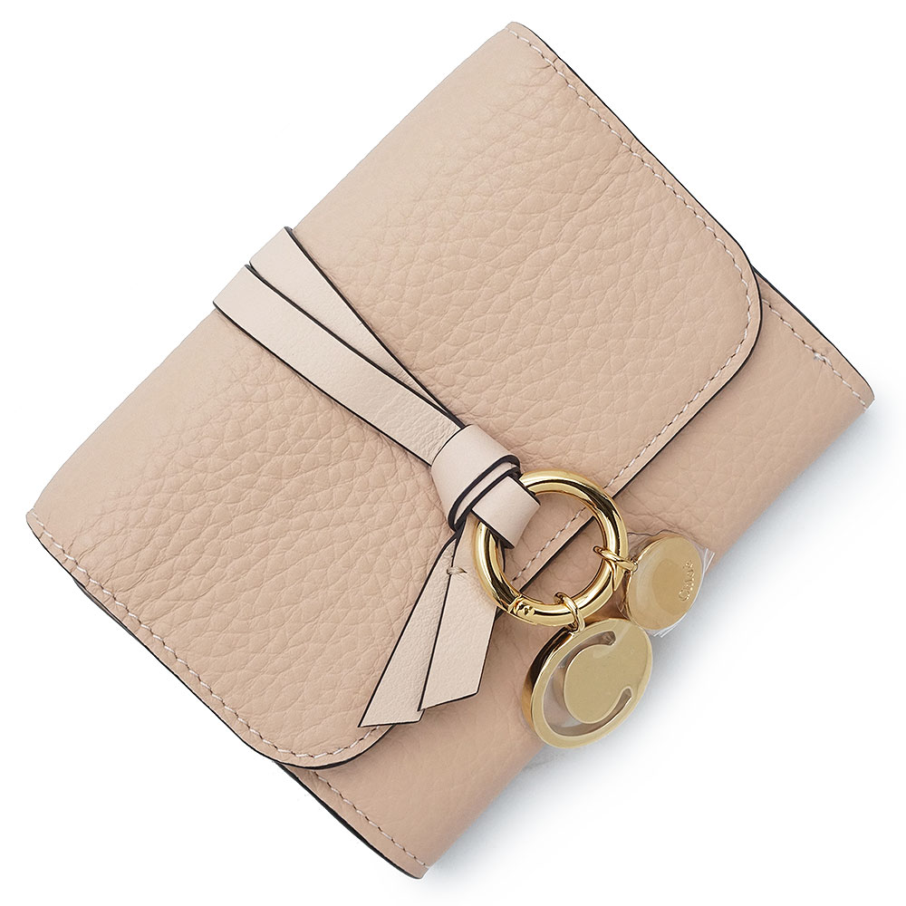 【新品・未当て嵌める品】Chloe クロエ CHC17AP945 字母 alphabet C引きつける スモール トリフォールドウォレット カーフスキン 毛はらい素っぽんぽん サクラ色ベージュ W引っかかり 三つ折り紙入れ なめし革 ゴールド金具 箱付