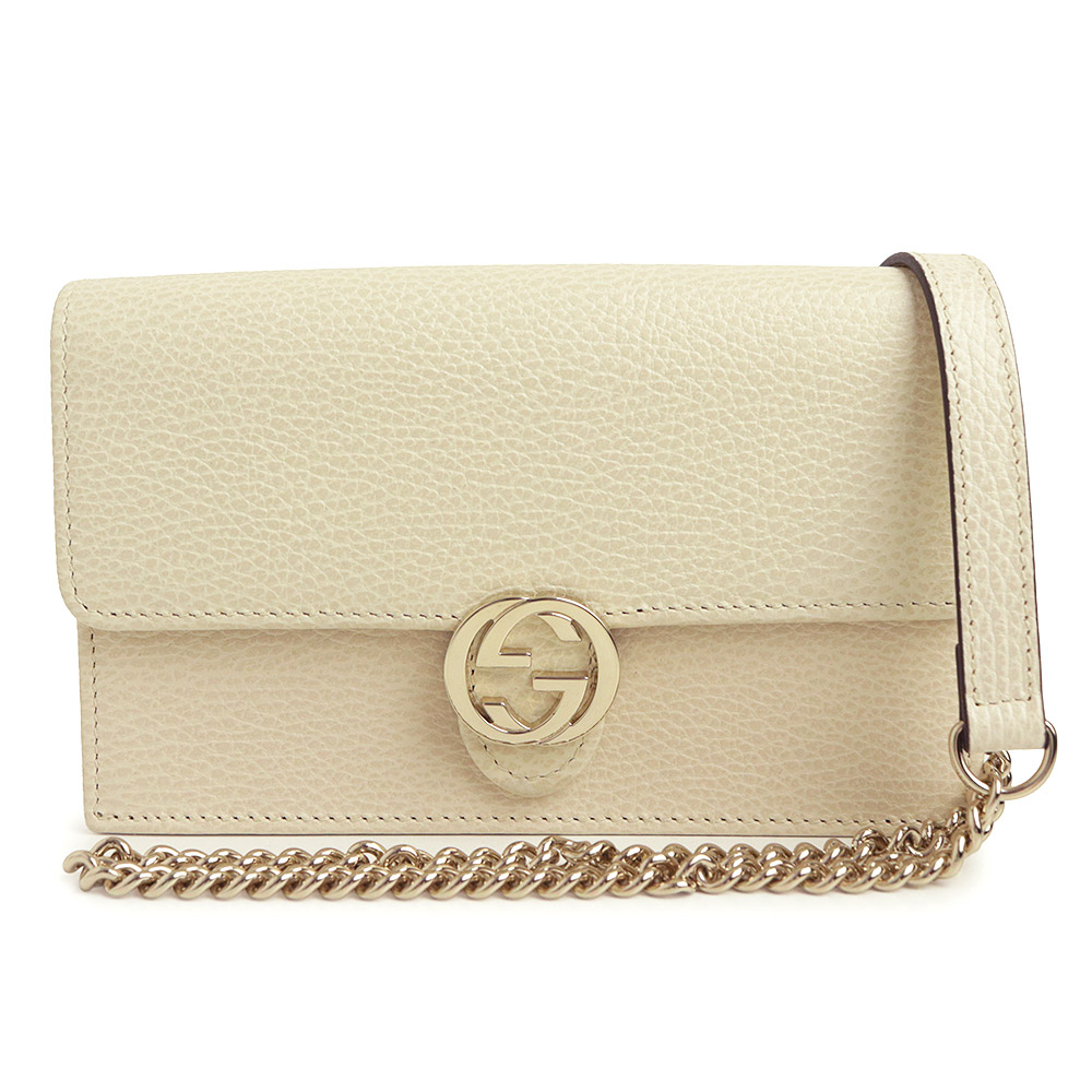 【未当て嵌める 見せびらかす品】GUCCI グッチ 615523 インターロッキングG チェーンウォレット カーフスキン 象牙色 白いこと 2way クラッチペダル ショルダーバッグ 曲がった掛け なめし革 ゴールド金具