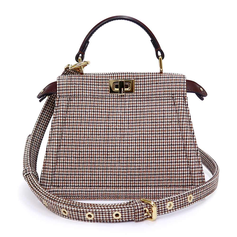 【未使用　展示品】FENDI フェンディ 8BN335 ピーカブー アイシーユー プチ ハウンドトゥース キャンバス レザー ブラウン 2Way ショルダー ハンドバッグ 斜め掛け ゴールド金具 箱付