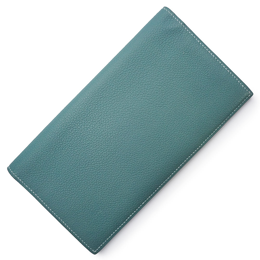 【美品】HERMES エルメス MC2 フレミング ヴォーエバーカラー シエル 青碧 □Q目じるし 二つ折り長銭入れ 紙入れ なめし革 箱付