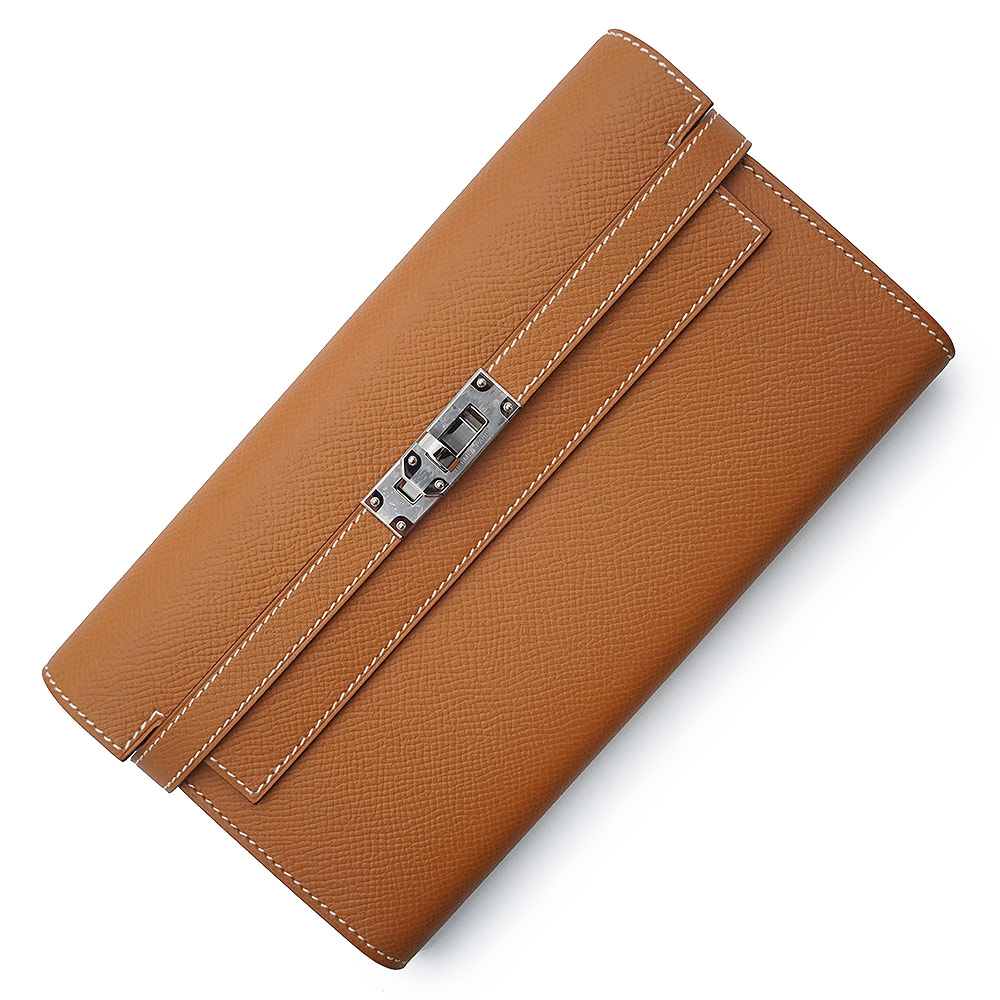 【未当て嵌める 見せびらかす品】HERMES エルメス ケリーウォレット ロング ヴォーエプソン ゴールド 赤銅色 D目じるし 二つ折り長札入れ なめし革 しろがね色金具 箱付