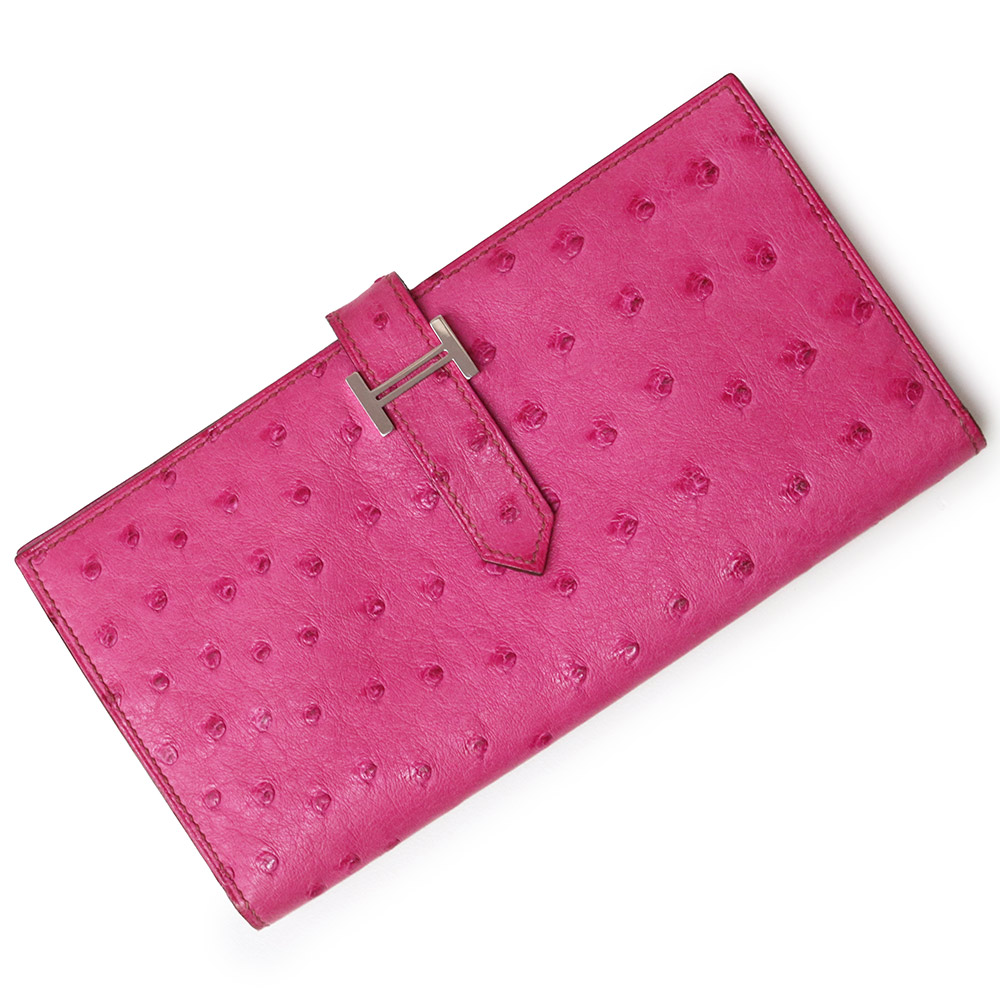 【中古】HERMES エルメス ベアン スフレ オーストリッチ エキゾチック フューシャ ピンク □J刻印 二つ折り長財布 レザー シルバー金具