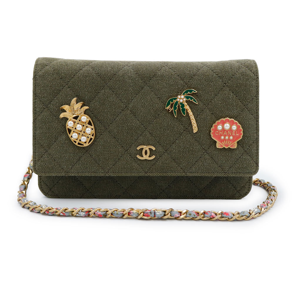 【未当て嵌める 見せびらかす品】CHANEL シャネル A01164 ココ キューバ共和国 Coco cuba マトラッセ チェーンウォレット パイナップル ヤシ科の木 カーキ ジーンズ 帆布 緑であること ショルダーバッグ 曲がった掛け 札入れ ゴールド金具 バッグ・小物・ブランド雑貨-レディースバッグ