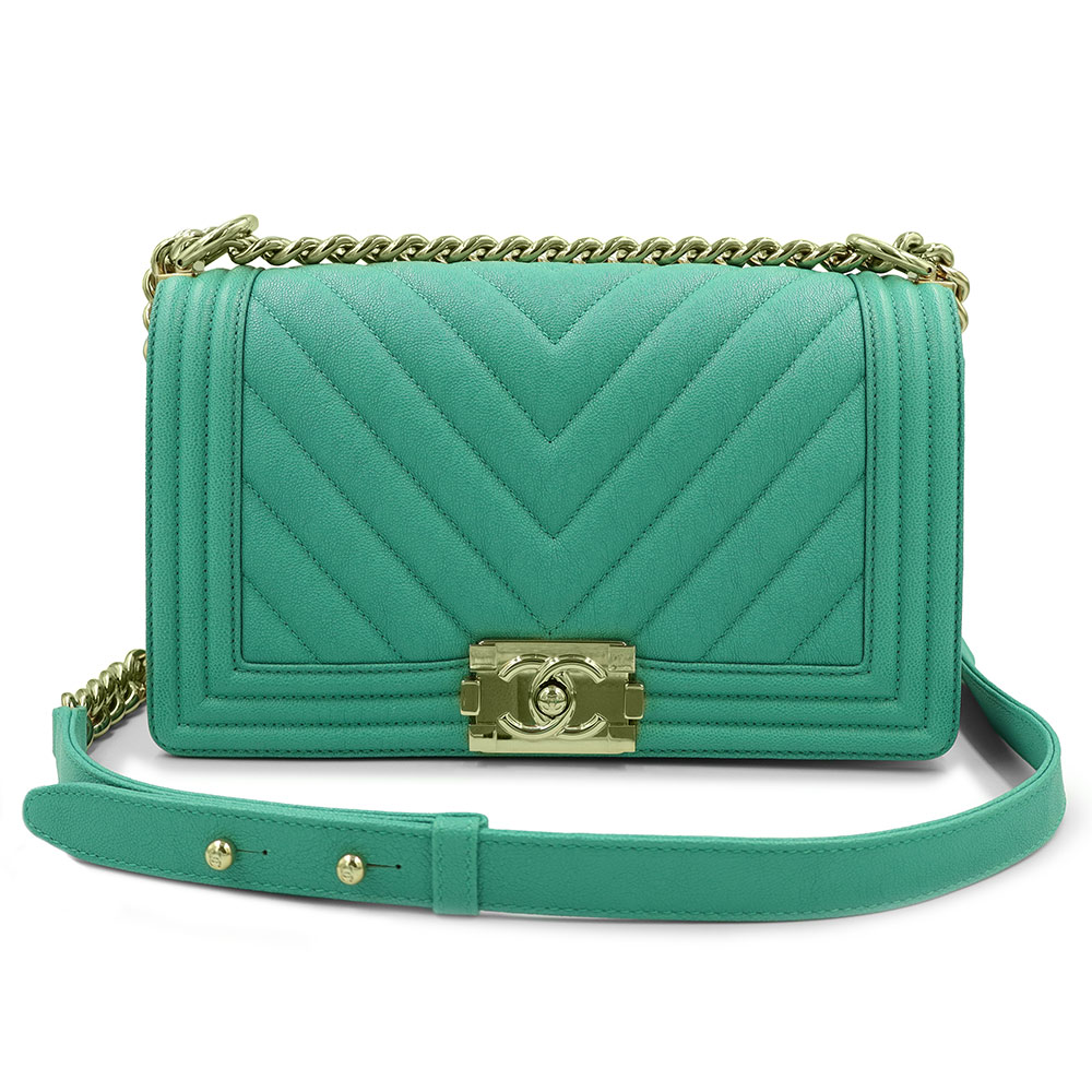 【未使用　展示品】CHANEL シャネル ボーイシャネル 25 シェブロン Vステッチ キャビアスキン グリーン チェーン ショルダーバッグ 2way 斜め掛け レザー ゴールド金具