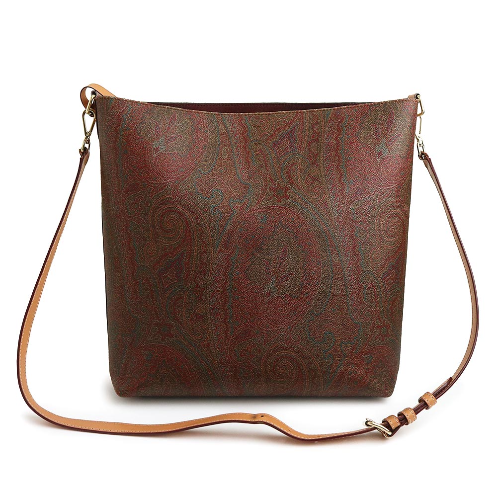 【中古】ETRO エトロ N654 ペイズリー PVCコーティングキャンバス カーフスキン ブラウン マルチカラー ショルダーバッグ 斜め掛け レザー ライトゴールド金具｜ブランドシティ　BrandCity