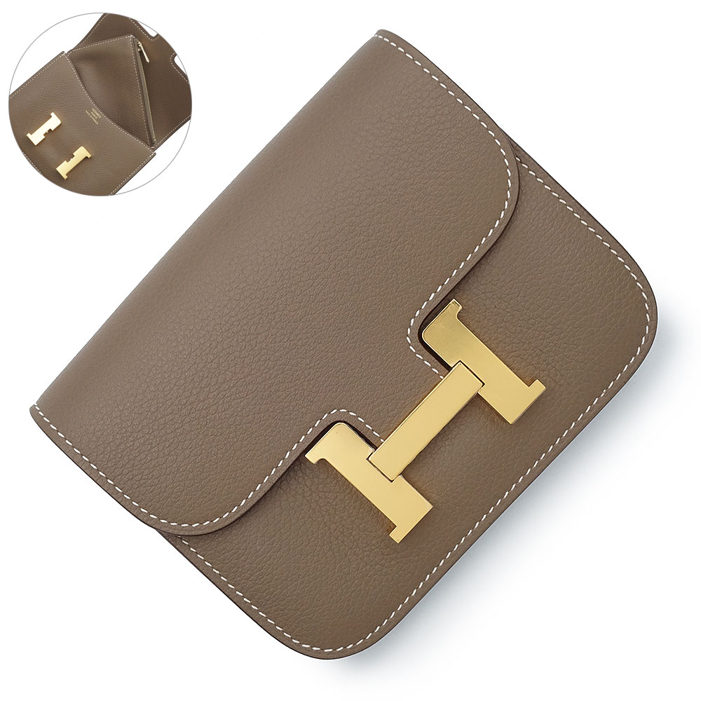 【新品・未当て嵌める品】HERMES エルメス コンスタンス か細い ヴォーエバーカラー エトゥープ エトープ グレージュ B目じるし ポシェット 合切袋 酉の方角御徒面子 二つ折り金入れ なめし革 ゴールド金具 箱付