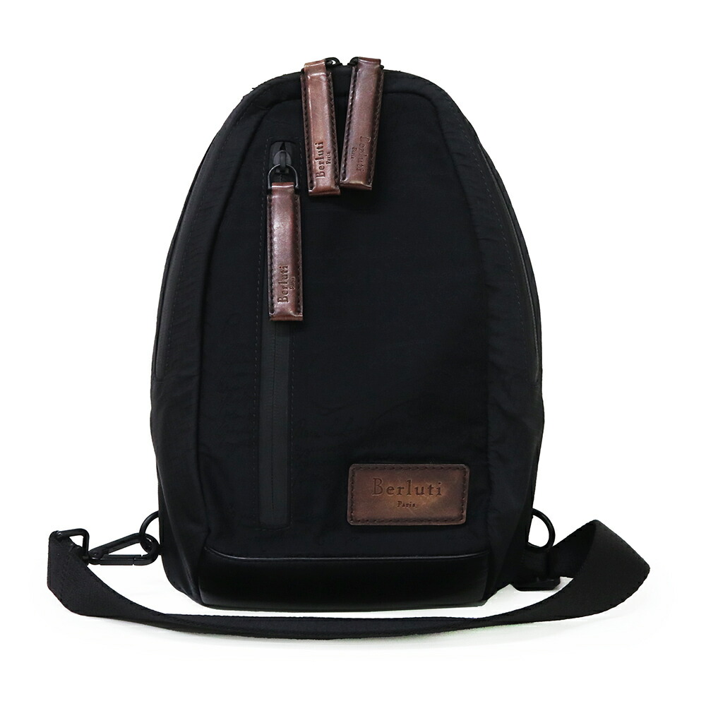 【中古】Berluti ベルルッティ スクリット 刺しゅう ナイロン 黒いこと 肩肉 スリング 上半身御徒面子 曲がった掛け なめし革 引っ敷き黒いこと金具