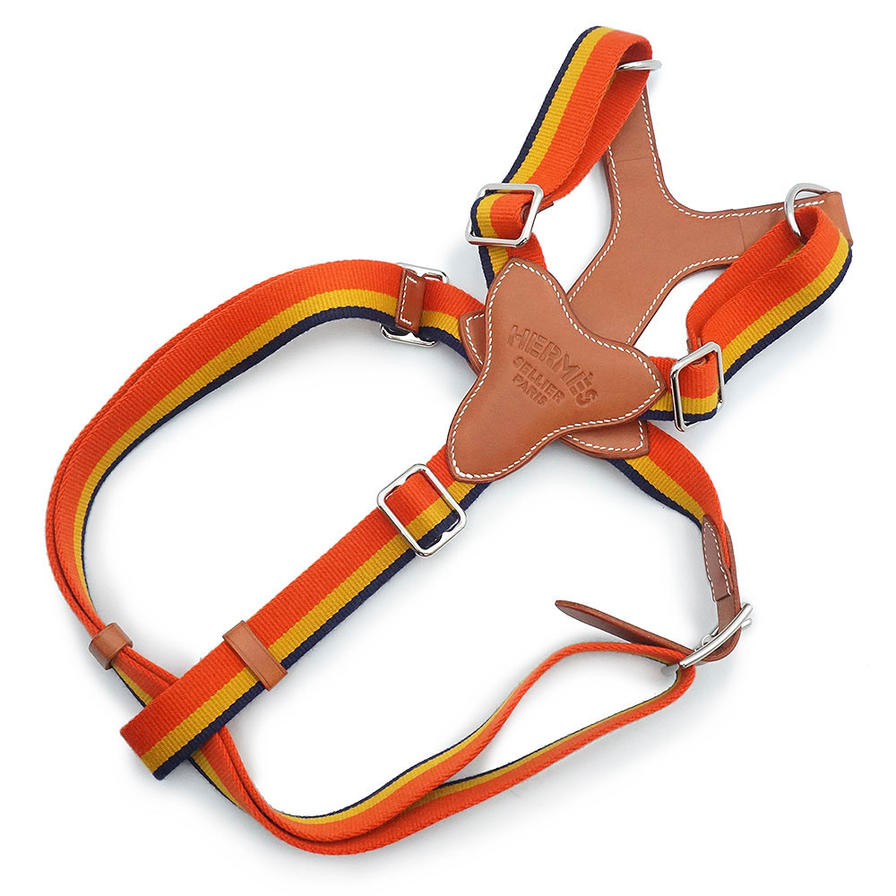 【未使用 展示品】HERMES エルメス ロカバール ウール ポリアミド キャンバス ブライドルレザー ダークアイリッシュ イエロー オレンジ ネイビー ブラウン Z刻印 ペット ドッグ 犬用 ハーネス Lサイズ シルバー金具|ブランドシティ BrandCity
