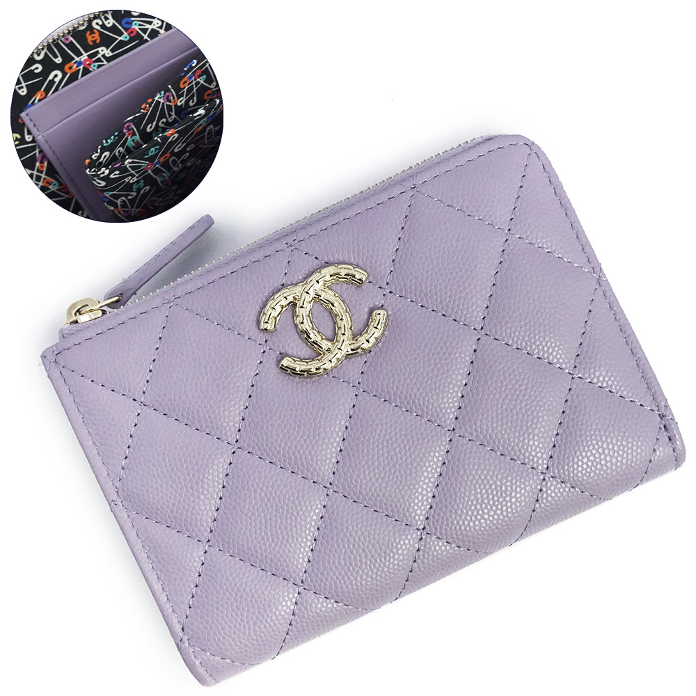 【新品・未当て嵌める品】CHANEL シャネル AP4092 ココマーク マトラッセ コンパクトウォレット キャビアひと肌 ライトパープル L字チャック 歌留多容れもの 通行手形容れもの コインケース 名刺入れ 定期入れ 釣り銭入れ 金入れ なめし革 三鞭酒ゴールド金具 箱付