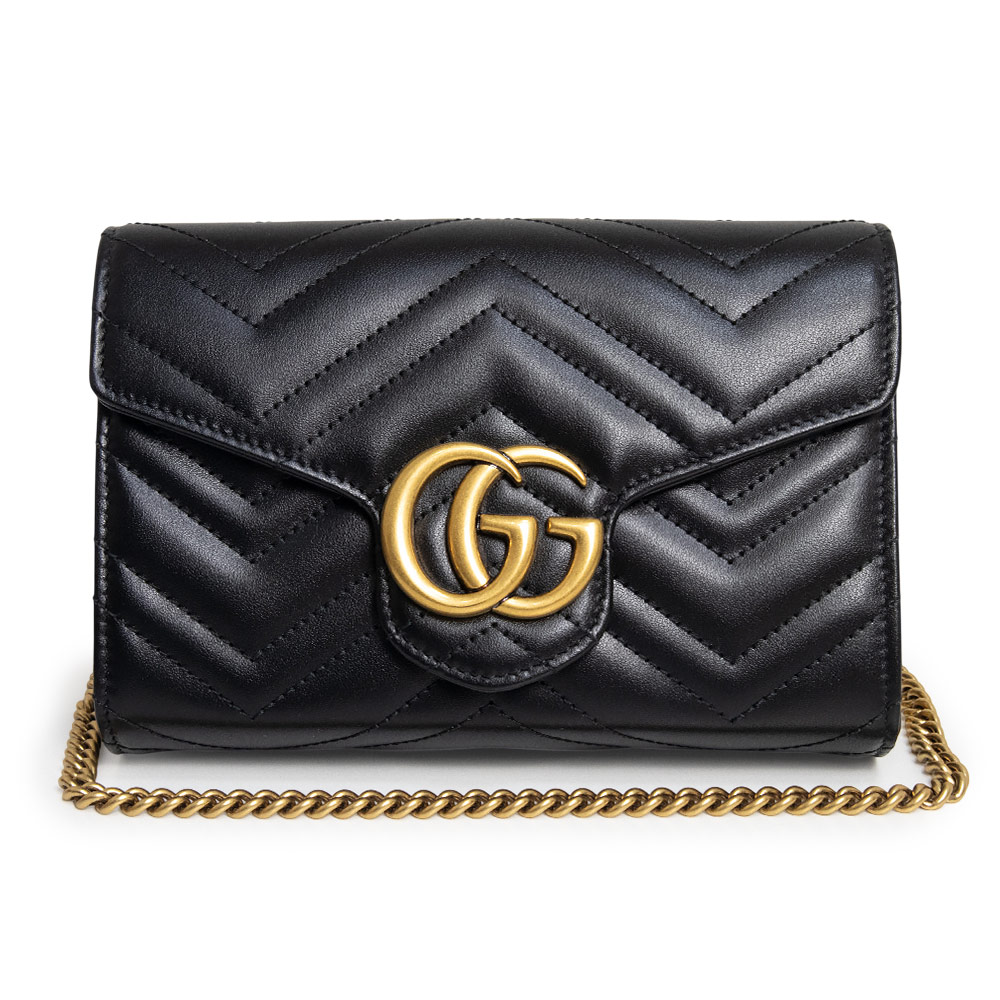 【新品・未当て嵌める品】GUCCI グッチ 474575 GGマーモント シェブロンレザー 黒いこと チェーンウォレット ショルダーバッグ 曲がった掛け アンティークゴールド金具 箱付