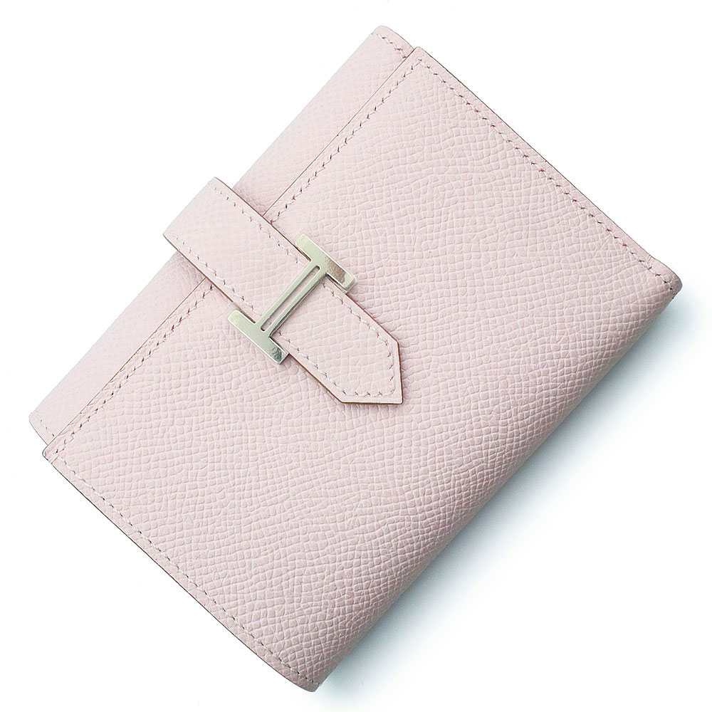 【新品・未当て嵌める品】HERMES エルメス ベアン コンビネ パウダーコンパクト ヴォーエプソン モーヴペール モーヴパール さくら色 W目じるし 三つ折り金入れ なめし革 しろがね色金具 箱付