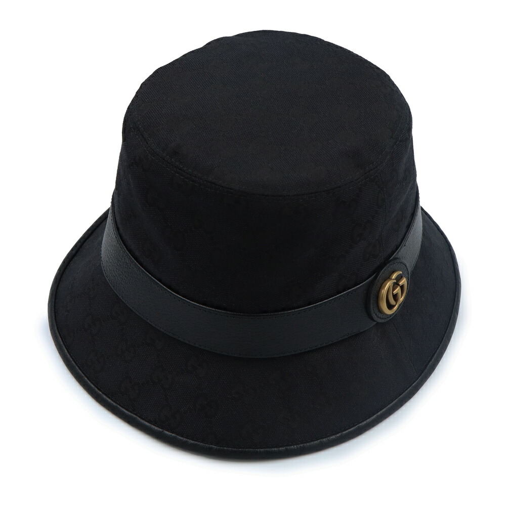 【未当て嵌める庫入れ品】GUCCI グッチ 576587 ダブルG 井戸釣瓶 フェドラハット 鳥打ち帽 M大きさ 一風変わったGG帆布 なめし革 黒いこと アンティークゴールド金具
