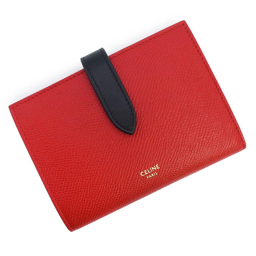 【未当て嵌める 見せびらかす品】CELINE セリーヌ 10B643BRU 並み並み ストラップウォレット グレインカーフレザー 赤いこと 黒いこと 二つ折り紙入れ ゴールド金具