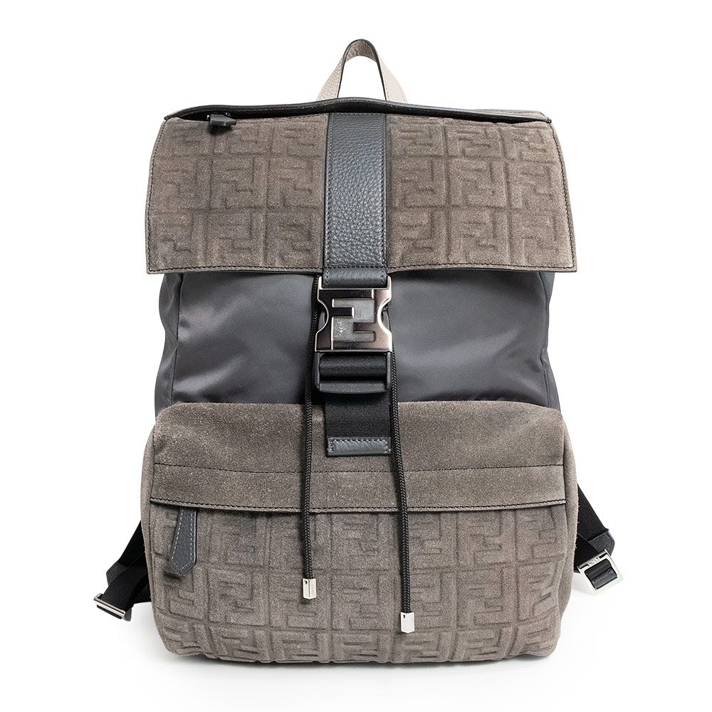 【中古】FENDI フェンディ 7VZ066 フェンディネス ナイロン スウェード なめし革 薄墨色 黒いこと 背嚢 デイパック うしろ側風呂敷き包み しろがね色金具