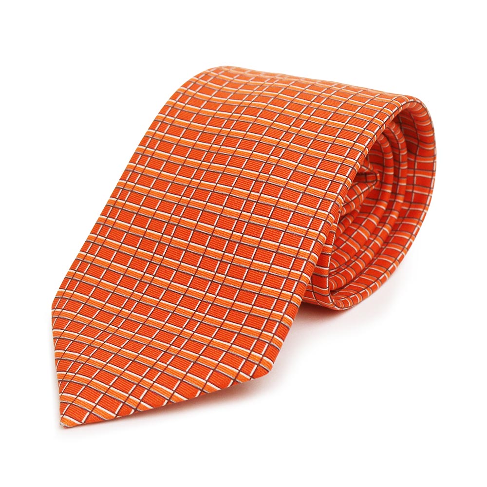 【新品・未当て嵌める品】HERMES エルメス ヘヴィシルクタイ Intemporelle アンタンポレル 地絹100％ Orange オレンジ色  Ciel シエル タイ 8コマーシャル 箱付