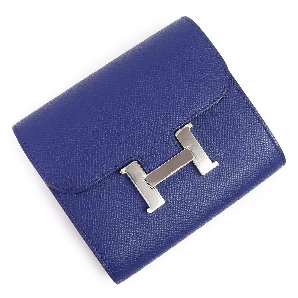 【未当て嵌める蔵置き品】HERMES エルメス コンスタンス パウダーコンパクト ヴォーエプソン 青色エレクトリック □P目じるし 二つ折り札入れ なめし革 しろがね色金具