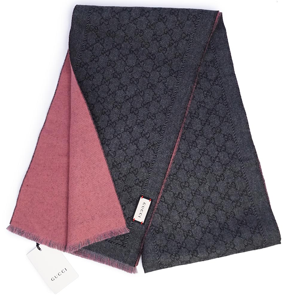 【新品・未当て嵌める品】GUCCI グッチ 411726 GG柄 羊毛100％ 薄墨色 サクラ色 リヴァーシブル 袈裟 えり巻き