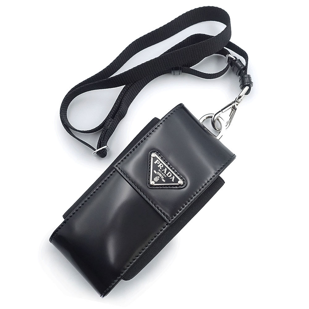 【未当て嵌める 見せびらかす品】PRADA プラダ 2ZT036 ３角形 ３角形ロゴタイプ 一皿 ブラッシュドレザー ネロ 黒いこと 持ちはこぶ スマホ スマートフォンケース マルチ容れもの ネックストラップ付き添い人 しろがね色金具 箱付