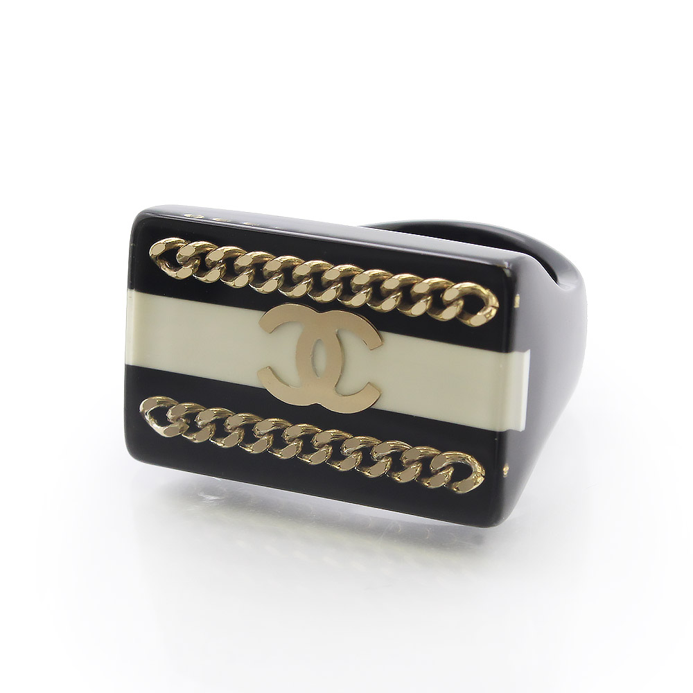 【美品】CHANEL シャネル ココマーク チェーン ボーダー スクエア レジン ブラック ホワイト ゴールド リング 指輪 #12号 箱付｜ブランドシティ　BrandCity