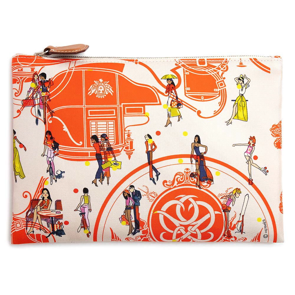【新品・未当て嵌める品】HERMES エルメス シルキーポケット EX-LIBRIS LES PARISIELU エクスリブリス パリジェンヌ 地絹100％ ヴォーマダム ゼラニウム ナタ ゴールド オレンジ色 Y目じるし コスメ かざり付ける 滑っこい 合切袋 なめし革 しろがね色金具