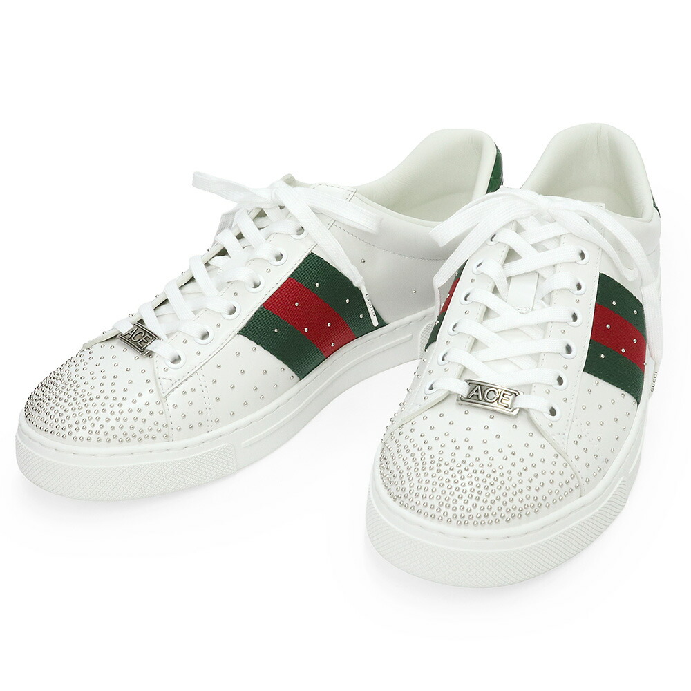 【新品・未当てはめる品】GUCCI グッチ 853252 はやりっ子 ウェッブ 縞模様 スタッズ なめし革 天然ゴム 白いこと 緑であること 赤いこと スニーカー シューズ 靴 #8 27糎 箱付