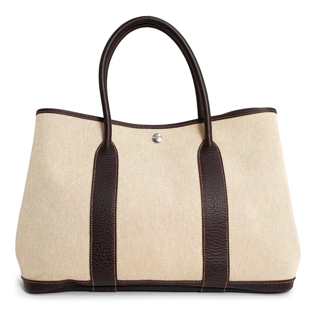 【美品】HERMES エルメス 庭園寄りあい 36 PM トワルアッシュ ブッフルスキッパー 自然的 マロン ベージュ 赤銅色 □I目じるし ハンドバック 帆布 なめし革 しろがね色金具
