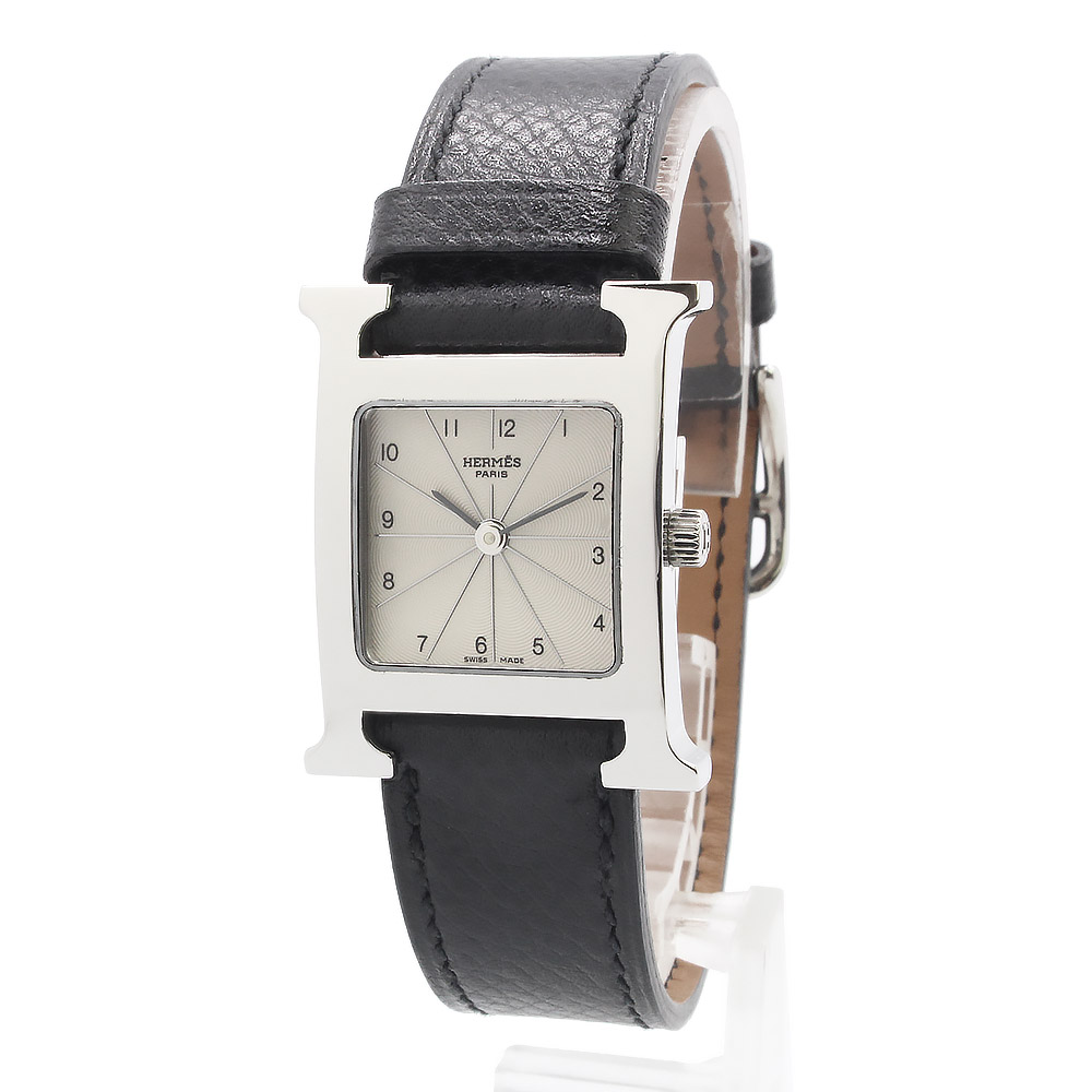 【中古】HERMES エルメス HH1.210 Hご覧なさる ミニ 21粍 石英 ステンレス鋼スチール写真 ヴォーエプソン ノワール 黒いこと □G目じるし ウオッチ なめし革 しろがね色金具
