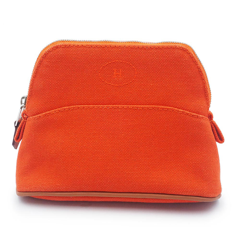 【美品】HERMES エルメス ボリード 16 ミニミニ 綿織物100％ 帆布 オランジュフー オレンジ色 かざり付ける コスメ 合切袋 しろがね色金具