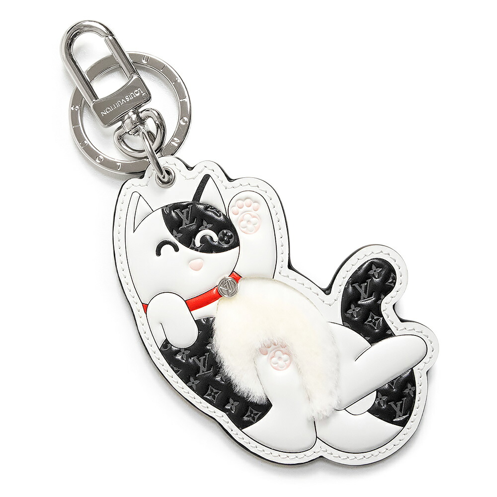 【未使用　展示品】LOUIS VUITTON ルイ ヴィトン M01475 LV キャット 猫 モノグラム レザー ミンクファー ホワイト ブラック キーホルダー キーリング バッグチャーム シルバー金具 箱付｜ブランドシティ　BrandCity