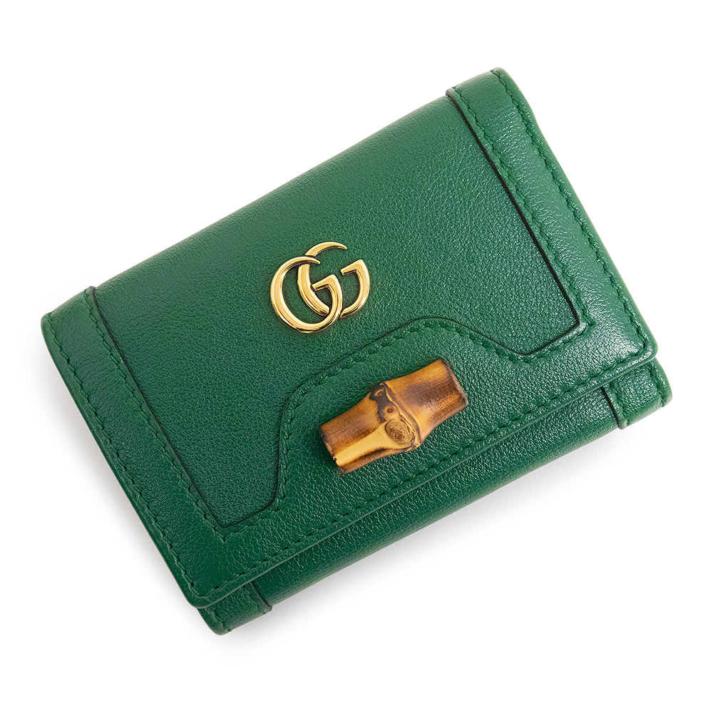 【新品・未当て嵌める品】GUCCI グッチ 658633 ダイアナ バンブー パウダーコンパクト ウォレット なめし革 緑であること 三つ折り紙入れ ゴールド金具 箱付