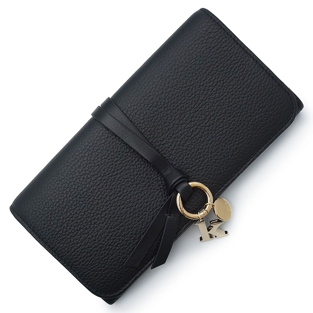 【新品・未当て嵌める品】Chloe クロエ CHC21WP715F57001 字母 alphabet K引きつける グレインドカーフスキン シャイニーカーフスキン 黒いこと 二つ折り長紙入れ なめし革 ゴールド金具 箱付