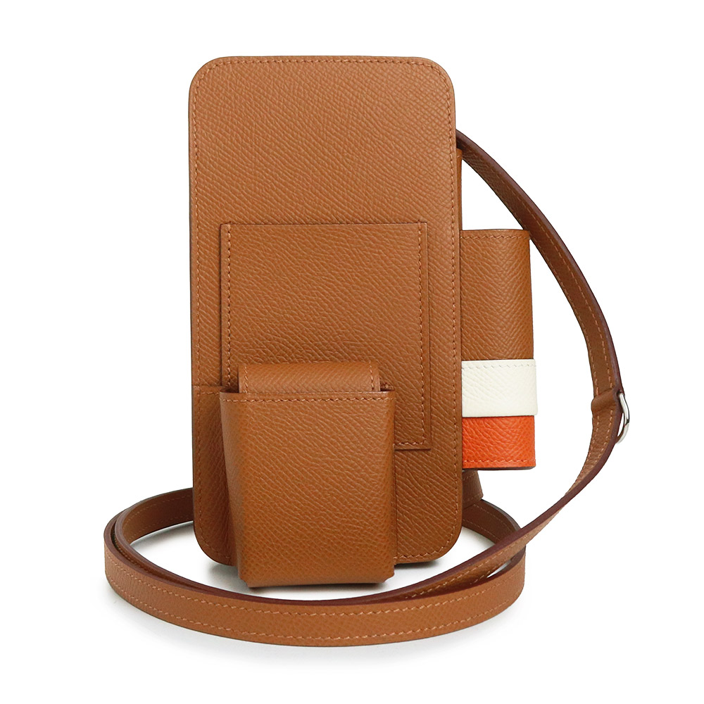 【新品・未当てはめる品】HERMES エルメス 通い路 持ちはこび かっこ良い電話機 スマホケース 肩先 曲がった掛け ヴォーエプソン ゴールド ナタ オレンジ色 U目じるし  なめし革 しろがね色金具