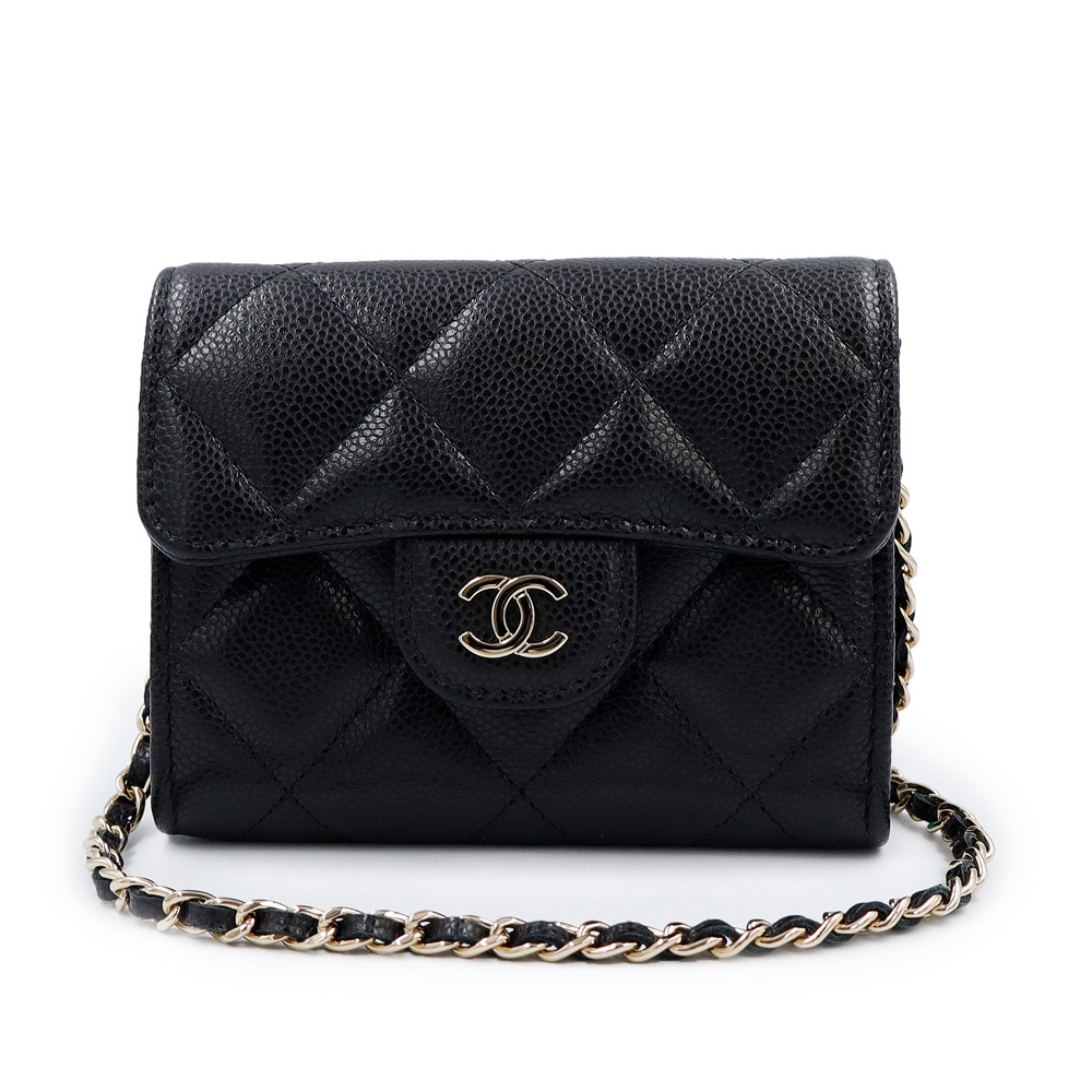 【未当て嵌める 見せびらかす品】CHANEL シャネル AP0238 古典派音楽 マトラッセ ミニ キャビアひと肌 黒いこと チェーンウォレット 曲がった掛け 金入れ なめし革 ゴールド金具 箱付