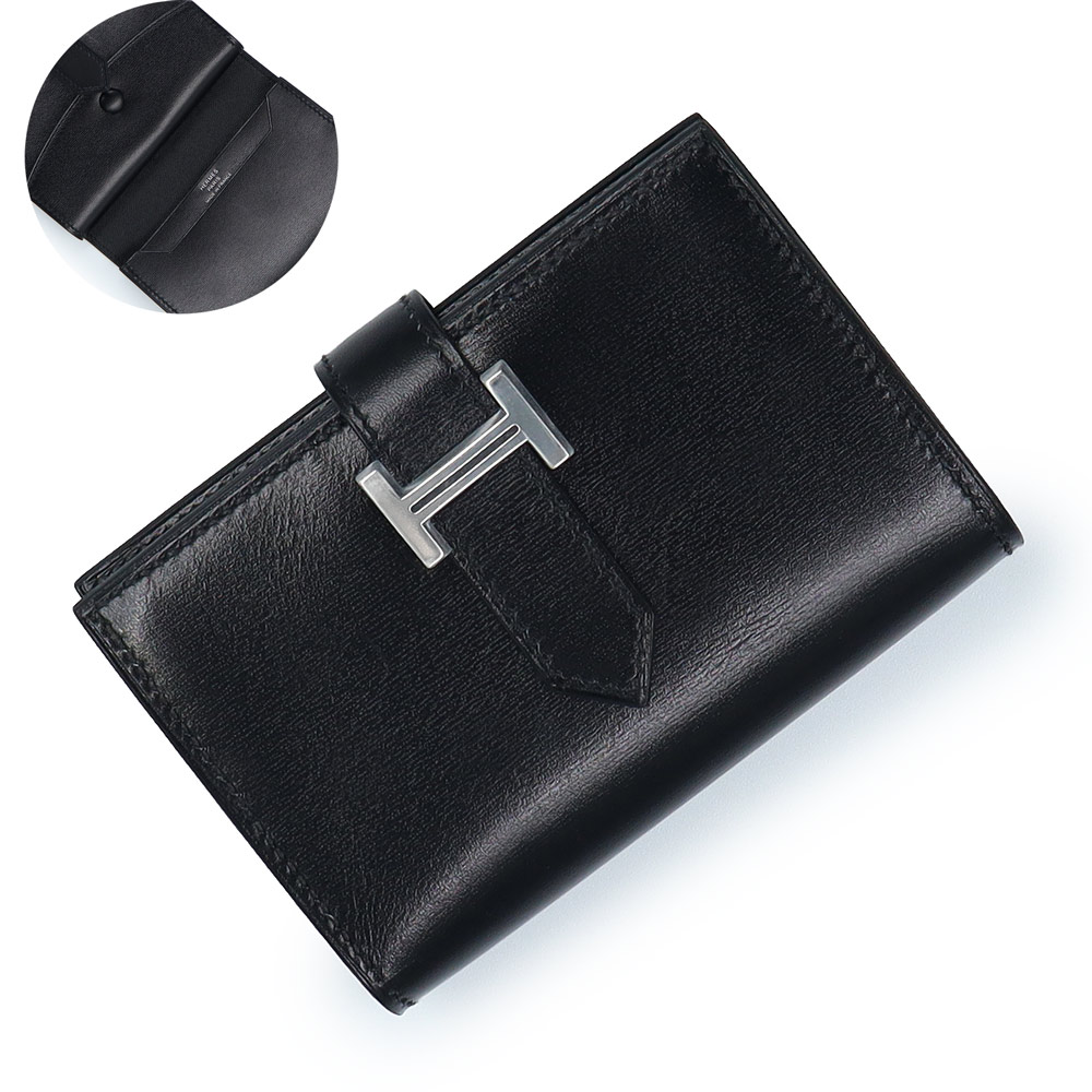 【未当て嵌める 見せびらかす品】HERMES エルメス ベアン ミニ 白黒 ボックスカーフ So Black ソーブラック W目じるし コインケース 釣り銭入れ 歌留多容れもの 通行手形容れもの 名刺入れ 定期入れ 二つ折り金入れ なめし革 しろがね色金具 箱付