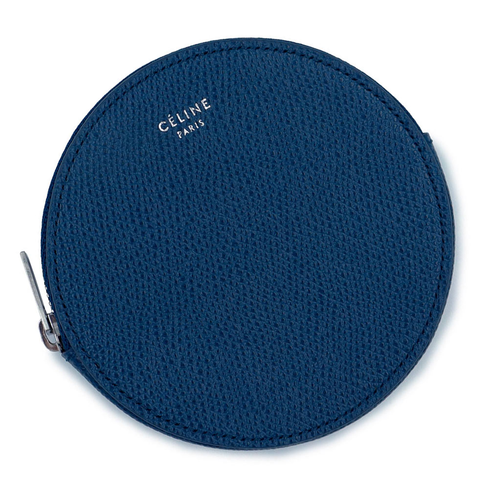 【新品・未当てはめる品】CELINE セリーヌ 102923TD1 丸型 ラウンドジップ グレインカーフレザー メタリックブルー 米国海軍 コインケース 御釣り入れ 銭入れ 合財袋 しろがね色金具 箱付